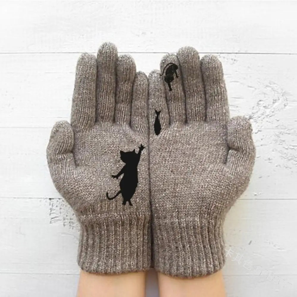 Winter warmth with cat and bird printed thermal knitted cashmere feel gloves - energize your cold days with cozy comfort women or teens girls gloves