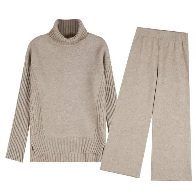 New knitted tracksuit - turtleneck sweater and wide leg jogging pant pullover set for autumn winter