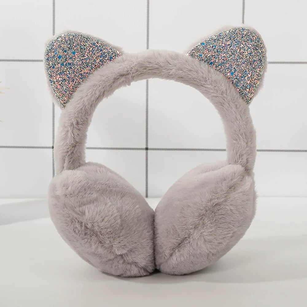 Whimsical winter vibes in 6 adorable colors in cute cat ear plush earmuffs for kids with shiny sequin headband