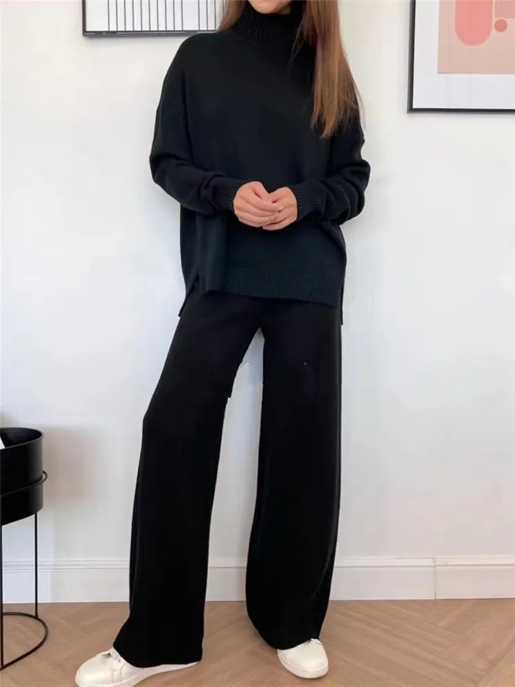 Winter women's warm cozy knitted loungewear indoors tracksuit turtleneck sweater and straight jogging pants set casual two-piece set