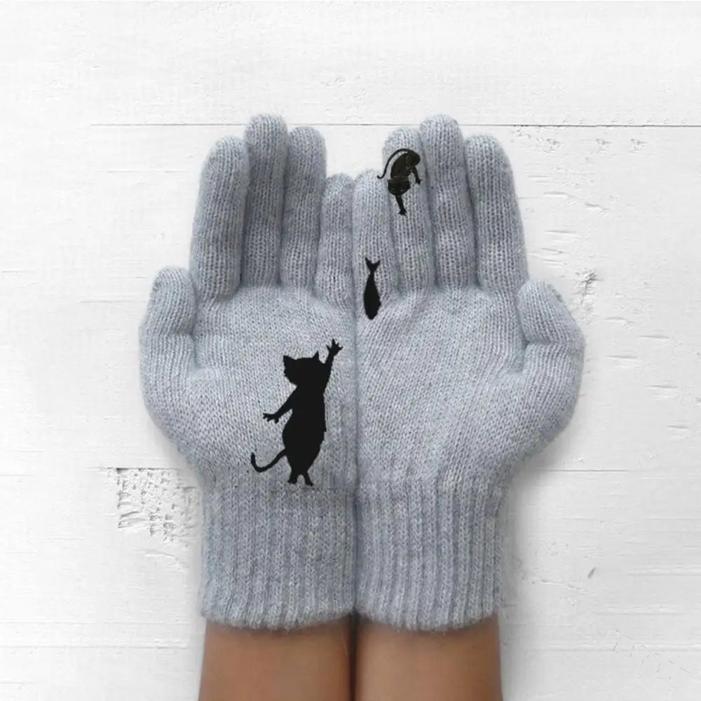 Winter warmth with cat and bird printed thermal knitted cashmere feel gloves - energize your cold days with cozy comfort women or teens girls gloves