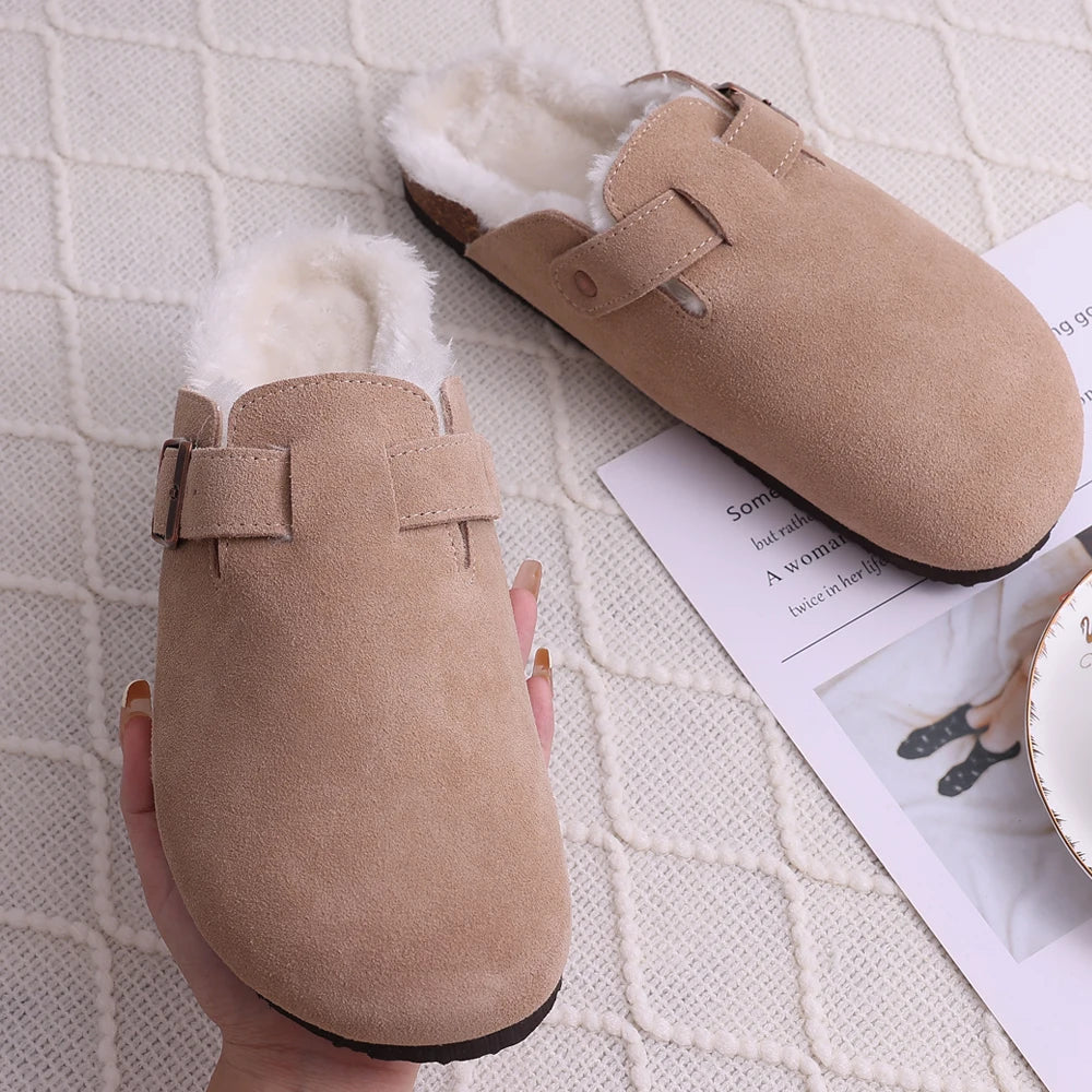 Winter com warm fur clogs for women luxurious cork mules and fuzzy slippers with short plush, perfect indoor-outdoor warmth and style