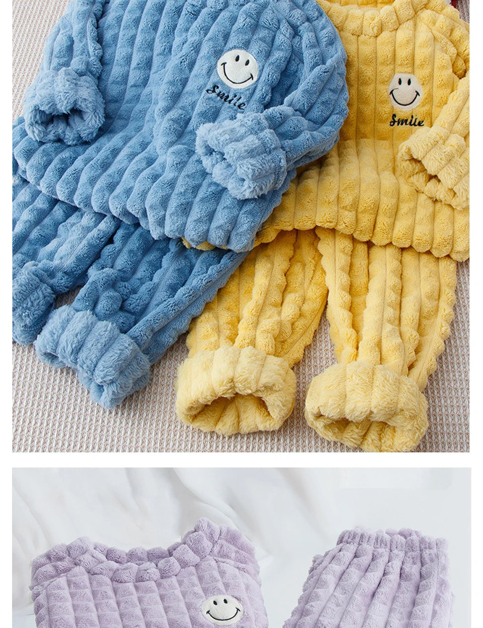New smiley cartoon winter children pajamas set of warm fluffy thick soft flannel baby boys girls long sleeve warm sleepwear kids home suit