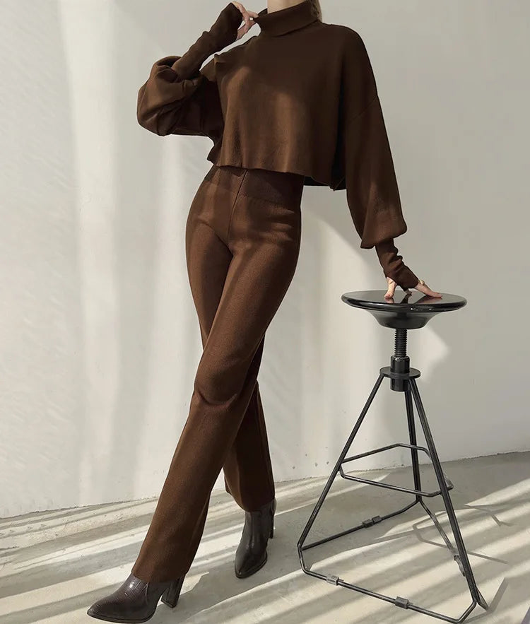 Women's comfortable knitted set with long sleeve top and wide leg pants for a fashionable casual look