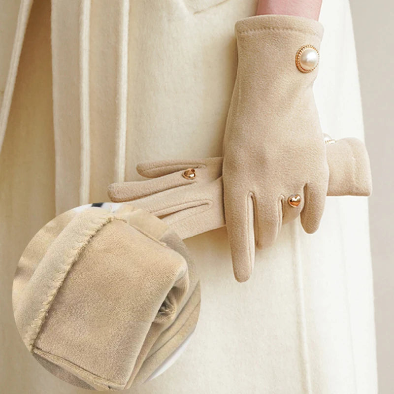 Women winter warm clamshell touch screen pearl gloves fashion elegant retro luxury fleece soft drive gloves