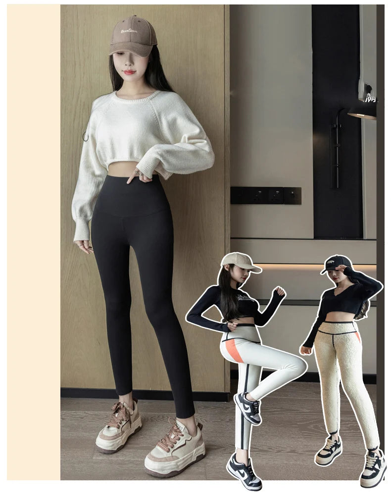 Extra thick lamb velvet shark leggings - women's high waist butt lifter black thermal fleece warm leggings for autumn winter
