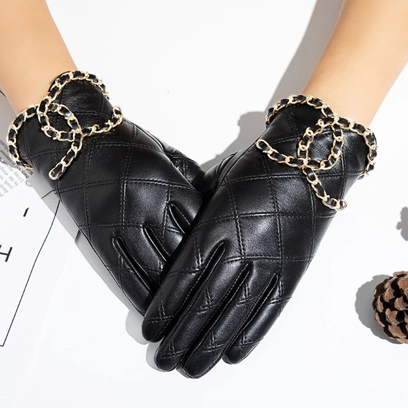 Womens Genuine Sheepskin Leather Gloves, Punk Cycling Outdoor Touch Screen Full Finger Gloves