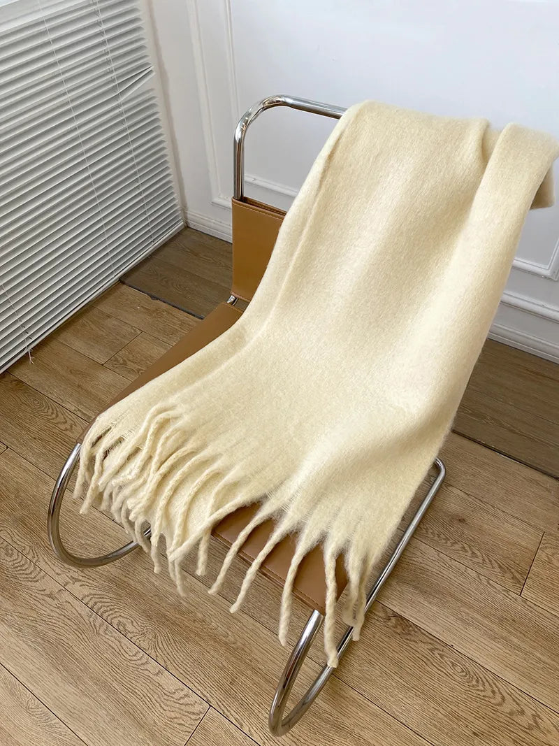 Écharpe pashmina longue à pampilles de couleur unie, châle épais et chaud pour femmes