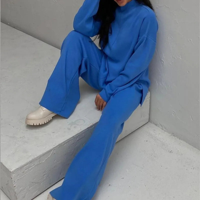 Knitted 2 piece turtleneck sweater wide leg pants sleepwear set women loungewear indoors cozy outfit