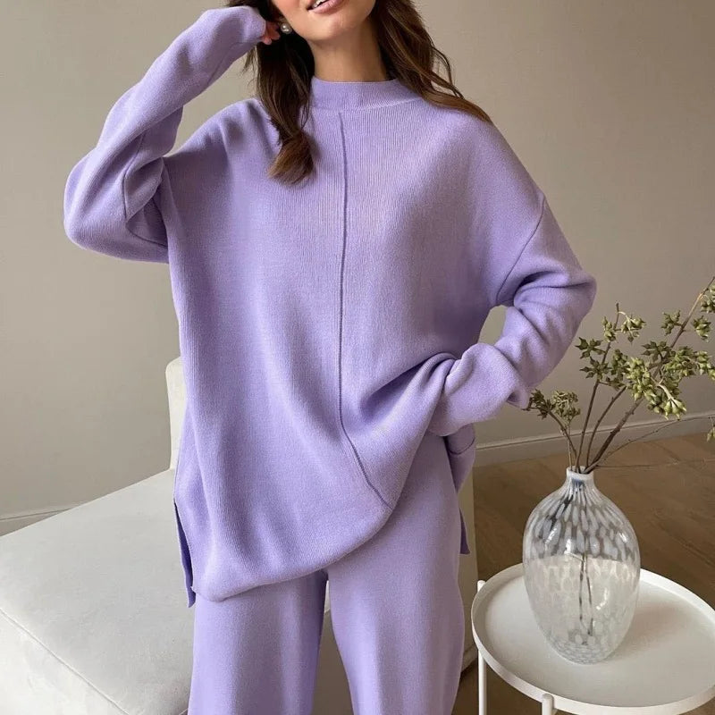 Knitted 2 piece turtleneck sweater wide leg pants sleepwear set women loungewear indoors cozy outfit