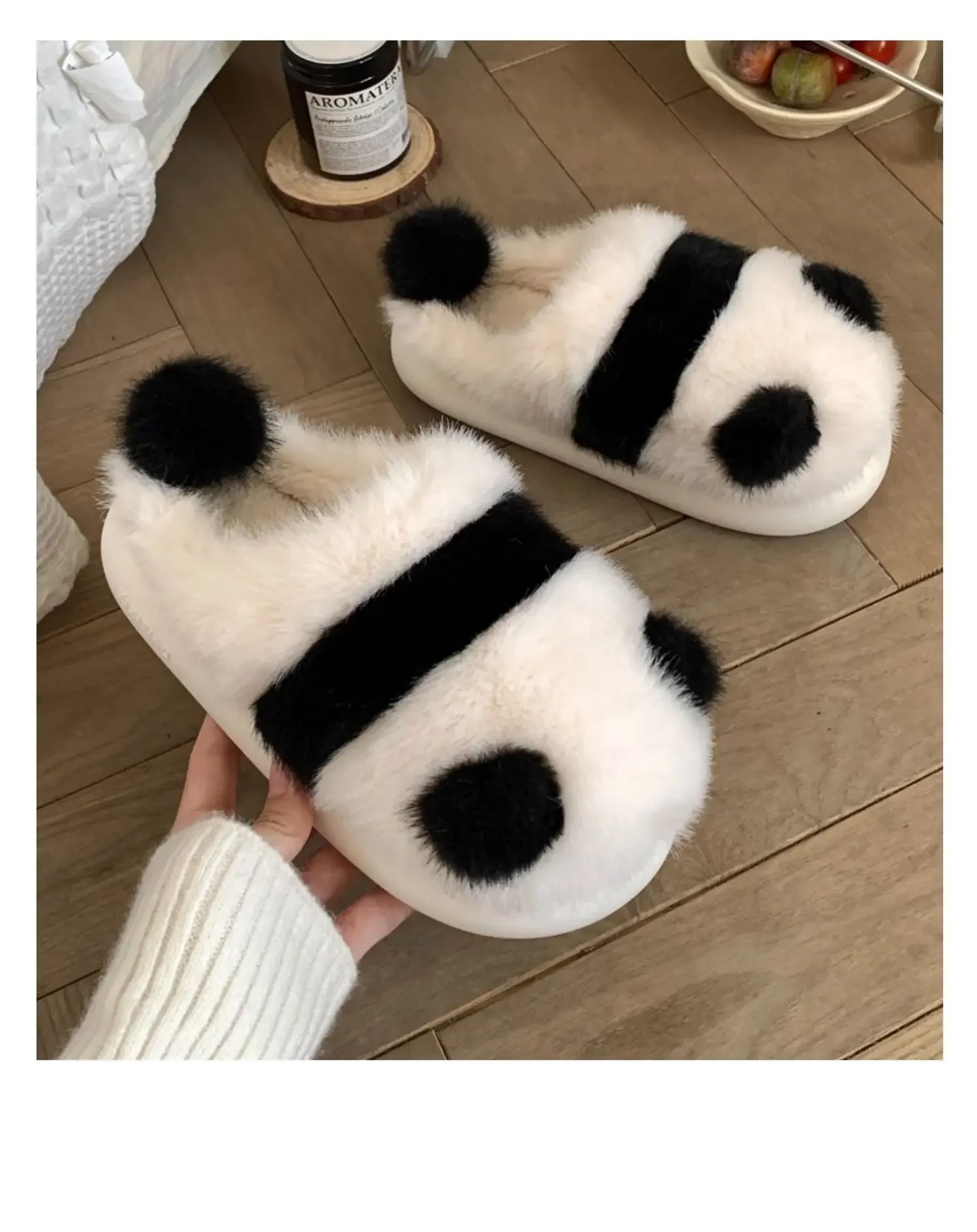 Cozy fluffy indoor Panda Slippers for winter for winter with platform sole women cute design