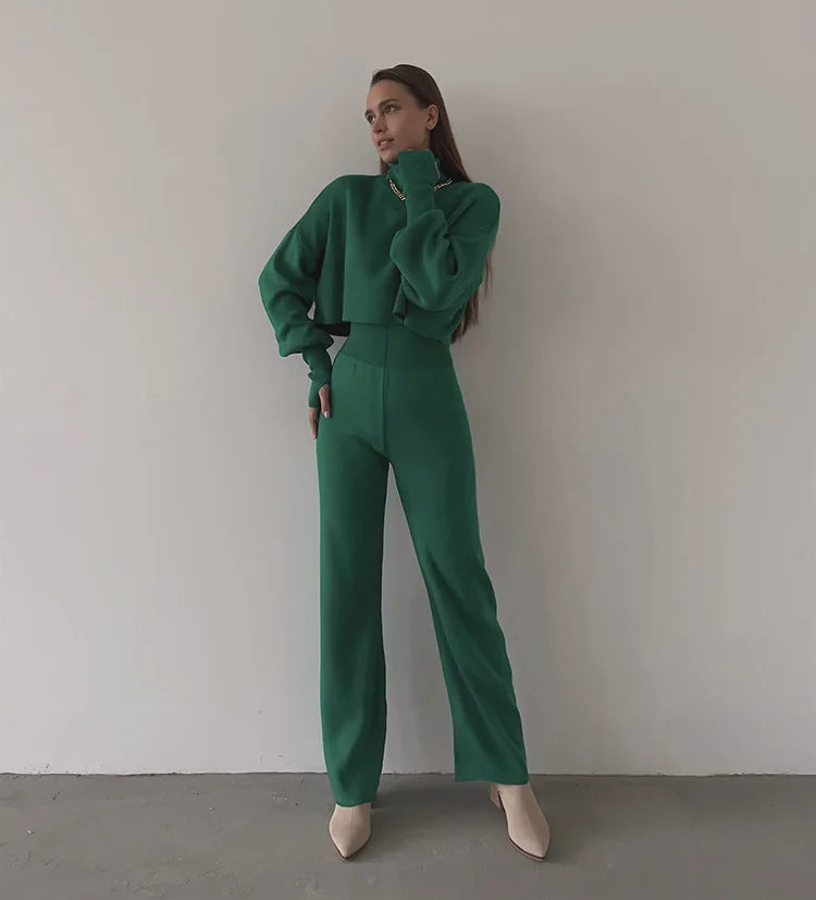 Women's comfortable knitted set with long sleeve top and wide leg pants for a fashionable casual look