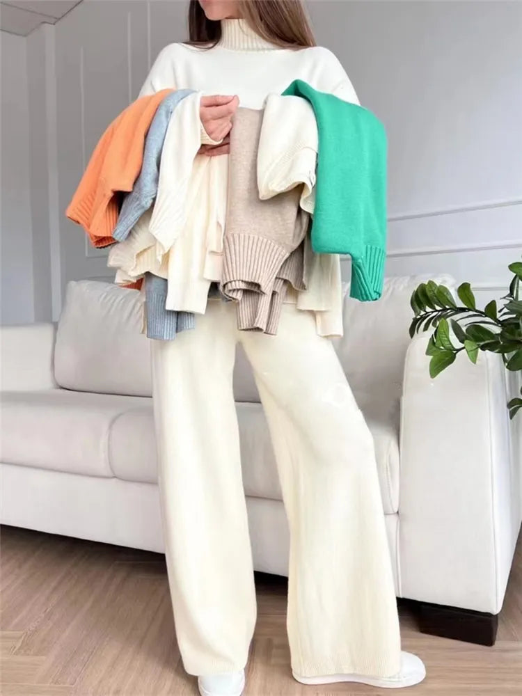Winter women's warm cozy knitted loungewear indoors tracksuit turtleneck sweater and straight jogging pants set casual two-piece set
