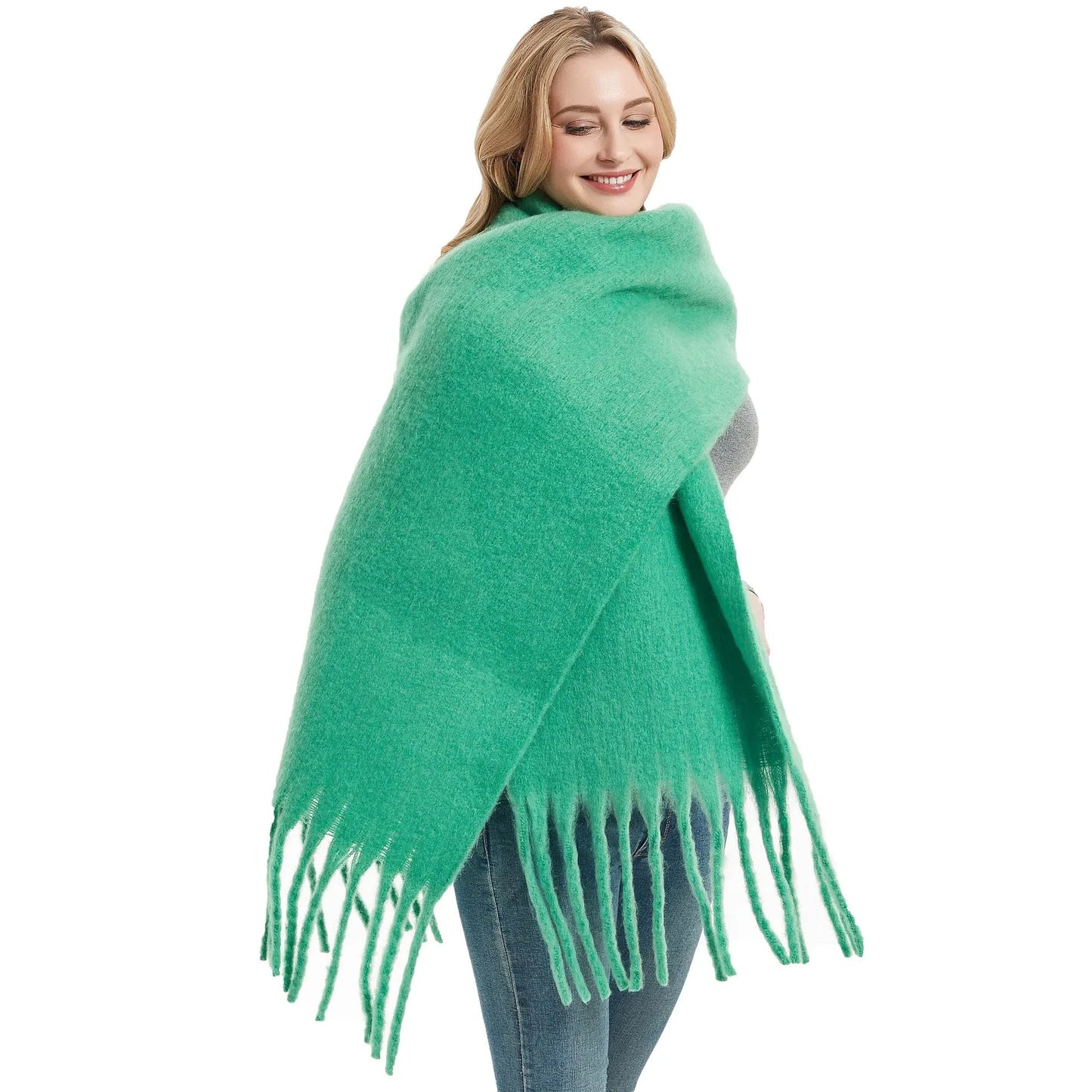 Écharpe pashmina longue à pampilles de couleur unie, châle épais et chaud pour femmes