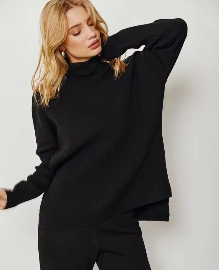 Knitted 2 piece turtleneck sweater wide leg pants sleepwear set women loungewear indoors cozy outfit