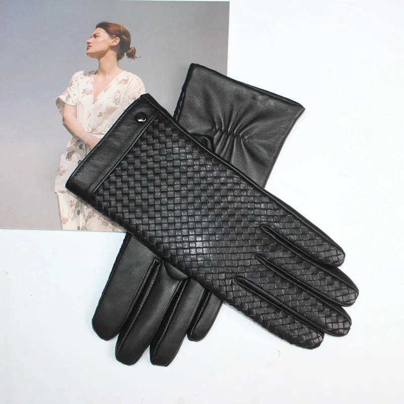 New women's sheepskin gloves with touch screen ability woven warmth and high-end knitted lining for luxe driving style