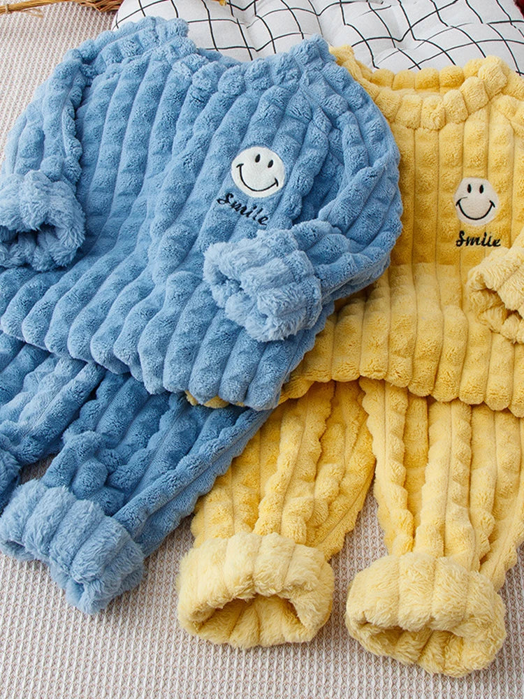 New smiley cartoon winter children pajamas set of warm fluffy thick soft flannel baby boys girls long sleeve warm sleepwear kids home suit