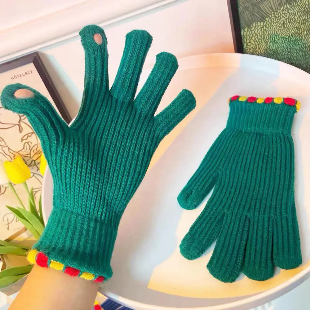 Winter warmth with cat and bird printed thermal knitted cashmere feel gloves - energize your cold days with cozy comfort women or teens girls gloves