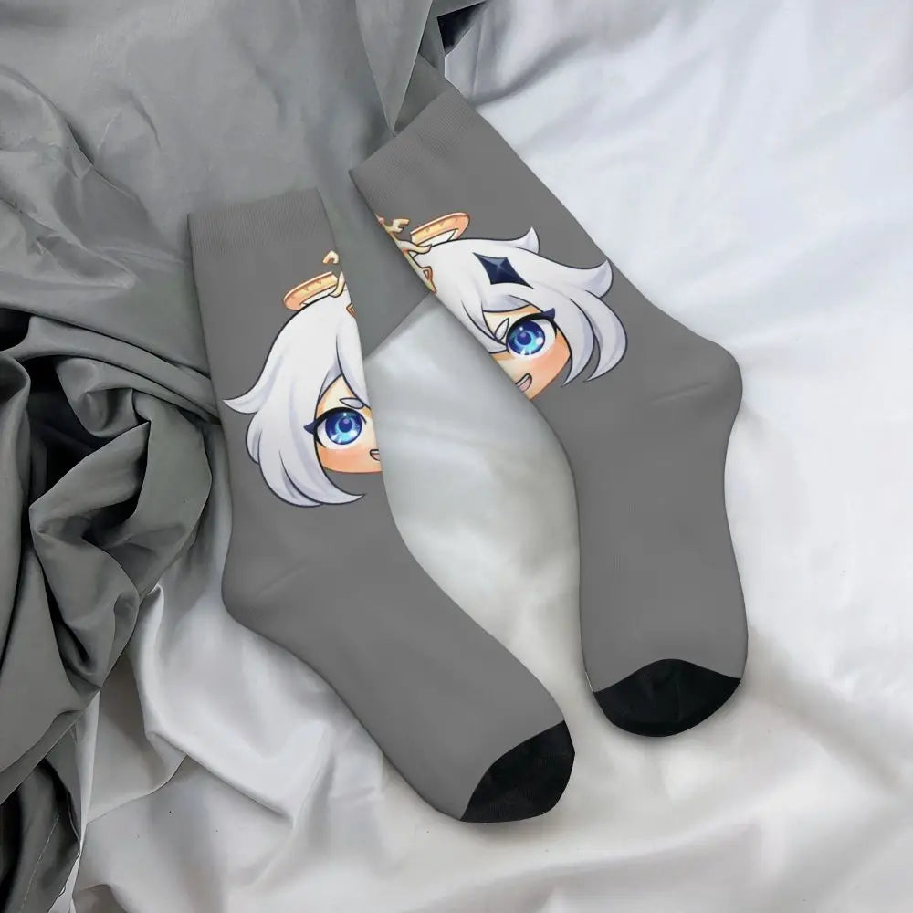 Chibi paimon Genshin anime impact unisex happy Socks from cotton blend for A Year-Round Delight for Fans
