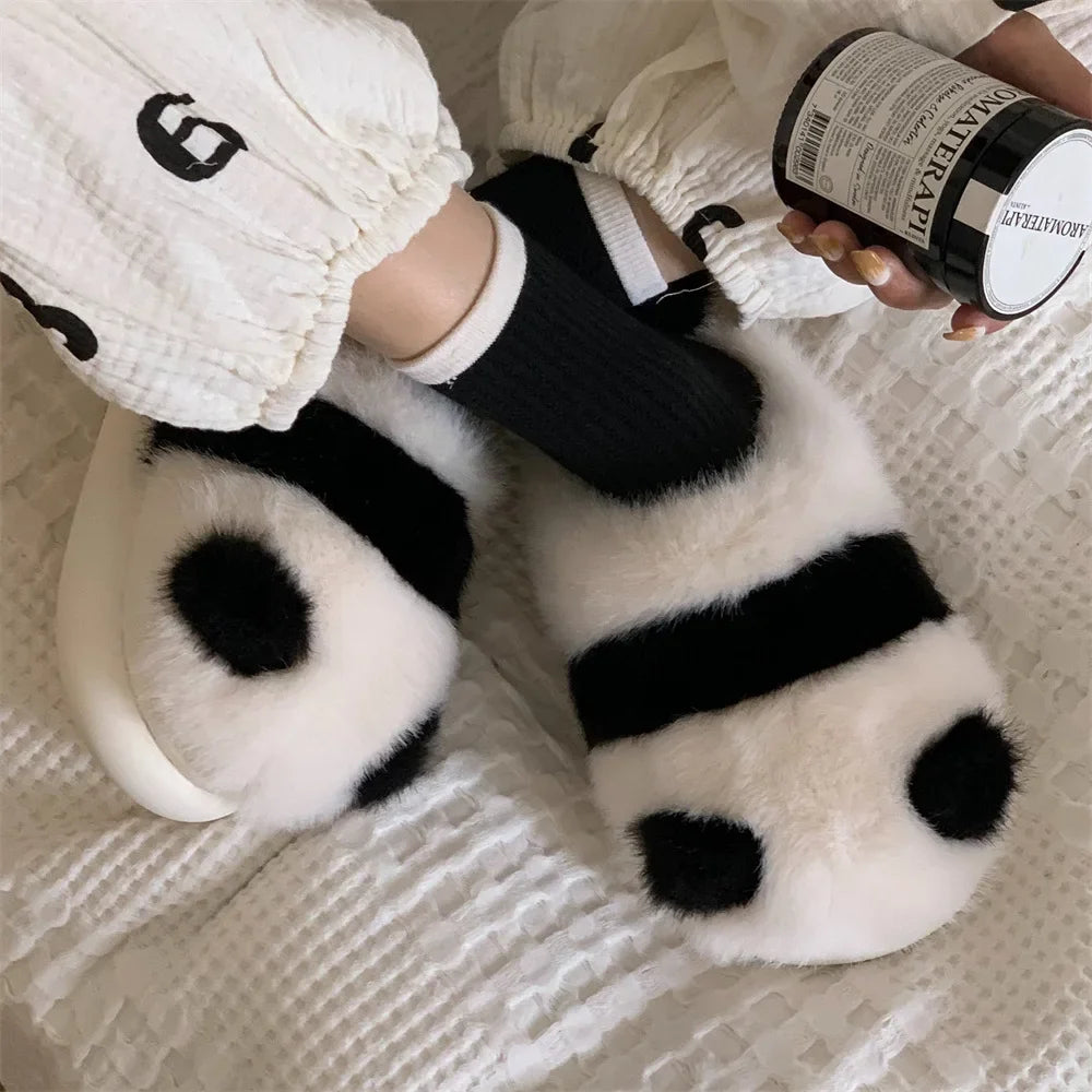 Cozy fluffy indoor Panda Slippers for winter for winter with platform sole women cute design