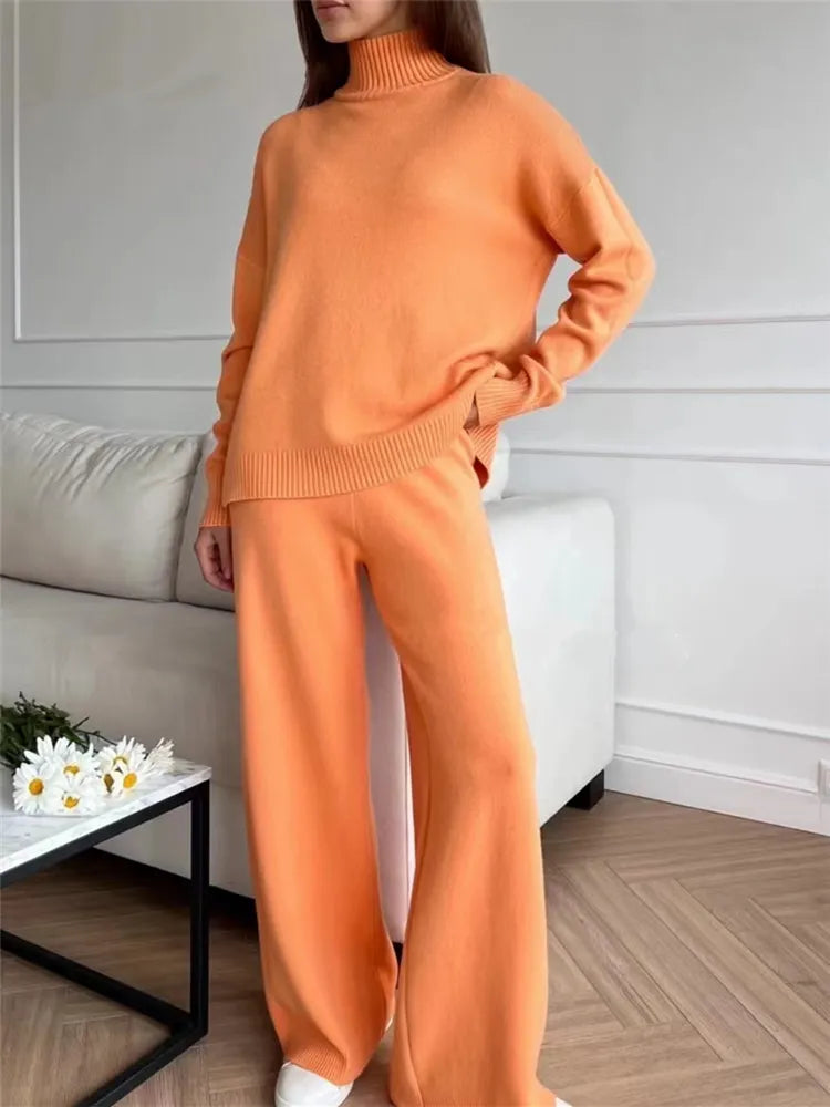 Winter women's warm cozy knitted loungewear indoors tracksuit turtleneck sweater and straight jogging pants set casual two-piece set