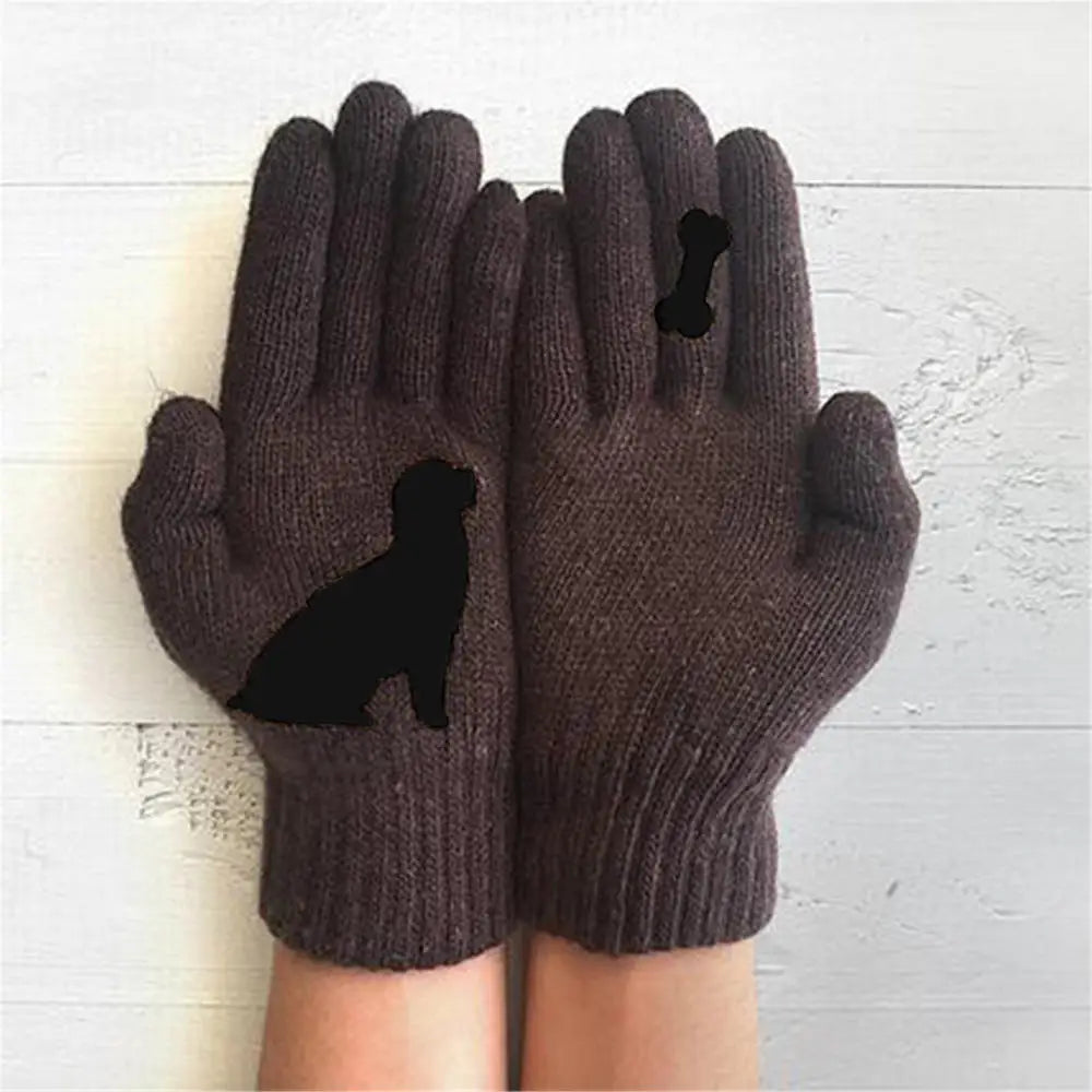 Winter warmth with cat and bird printed thermal knitted cashmere feel gloves - energize your cold days with cozy comfort women or teens girls gloves