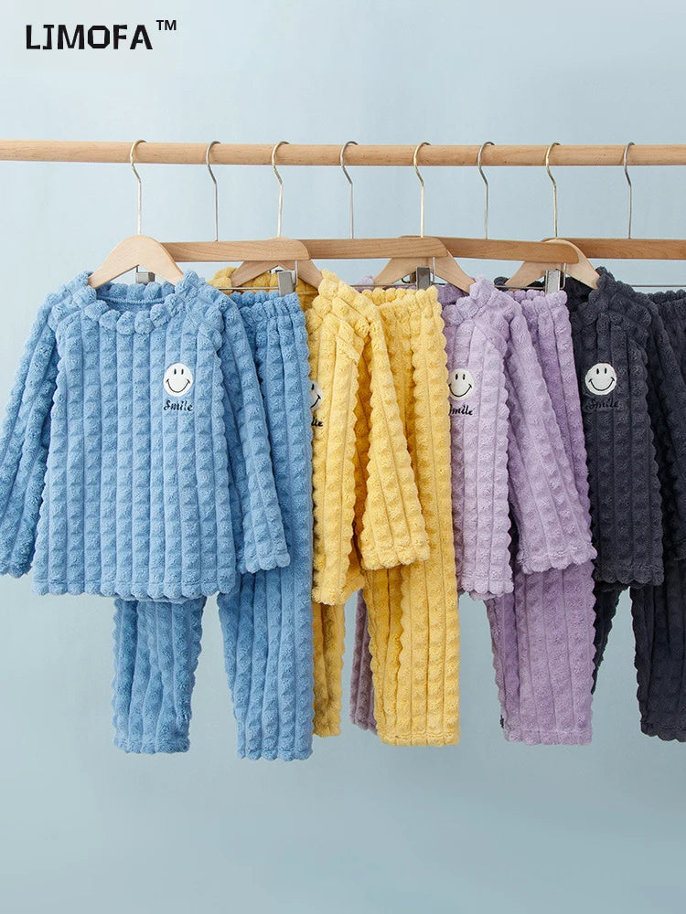 New smiley cartoon winter children pajamas set of warm fluffy thick soft flannel baby boys girls long sleeve warm sleepwear kids home suit