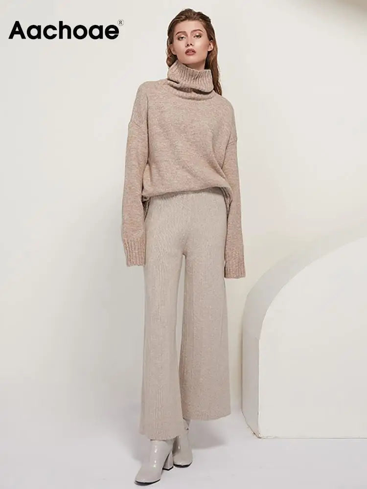 Sophisticated solid knitted two-piece set with turtleneck batwing sweater and casual wide leg pants loungewear set