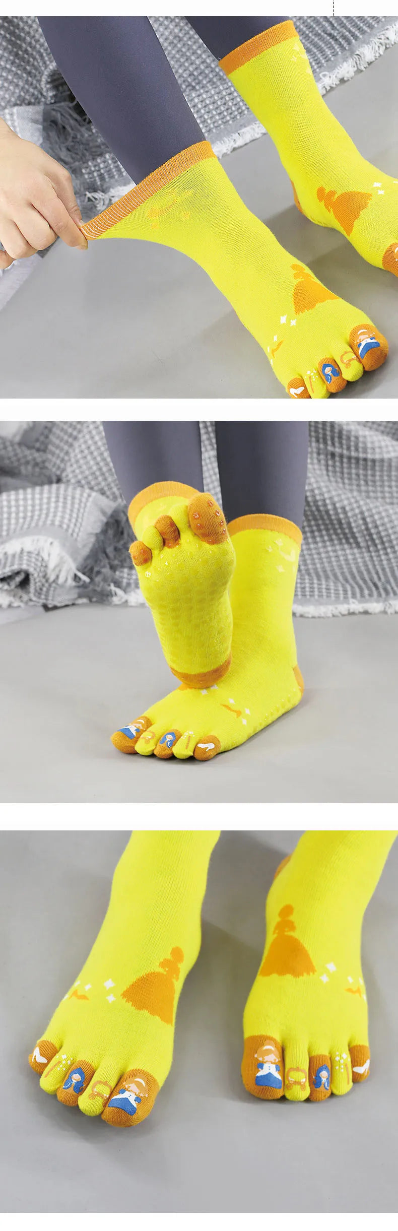 Full toe yoga cozy bliss from korean cotton, funny funky trendy cartoon design, silicone non-slip grip, pilates crew five toes socks