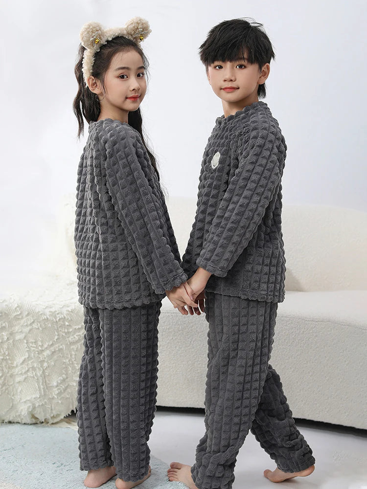 New smiley cartoon winter children pajamas set of warm fluffy thick soft flannel baby boys girls long sleeve warm sleepwear kids home suit