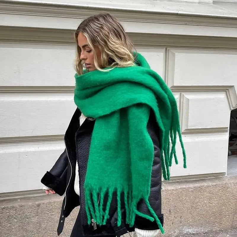 Écharpe pashmina longue à pampilles de couleur unie, châle épais et chaud pour femmes