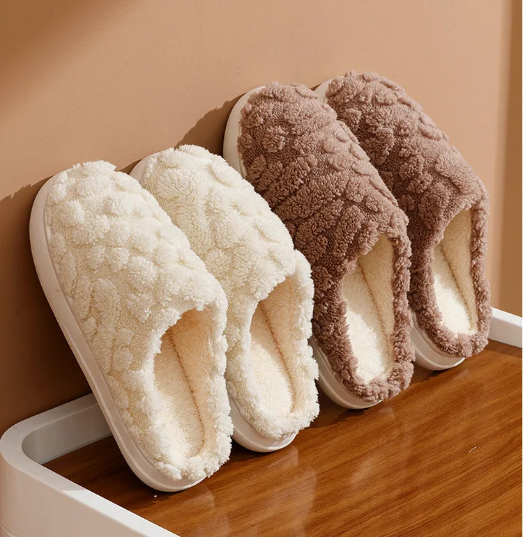 New plush slippers for couples warm home elegance for couples, featuring thickened anti-slip bottoms, baotou design, and luxurious cotton comfort