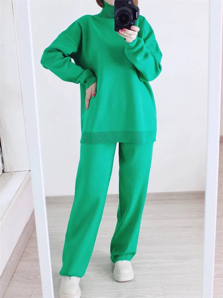 Winter women's warm cozy knitted loungewear indoors tracksuit turtleneck sweater and straight jogging pants set casual two-piece set