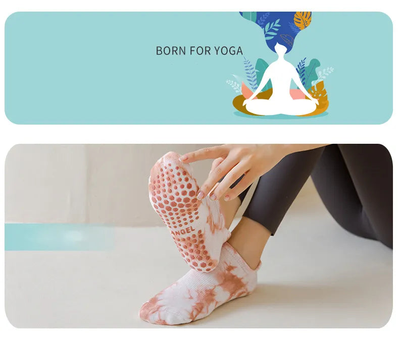 Women's trendy cotton tie-dyed yoga socks with silicone non-slip grip for stylish pilates yoga appearances low-ankle comfort