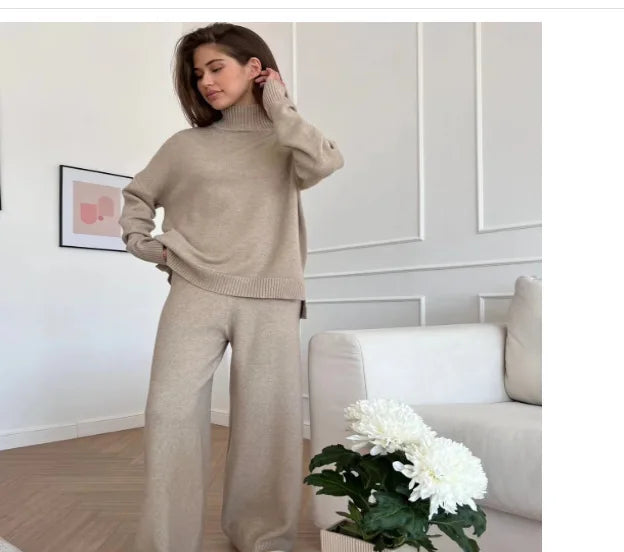 Cozy knitted winter pajama pyjama tracksuit set turtleneck sleepwear loungewear for Women