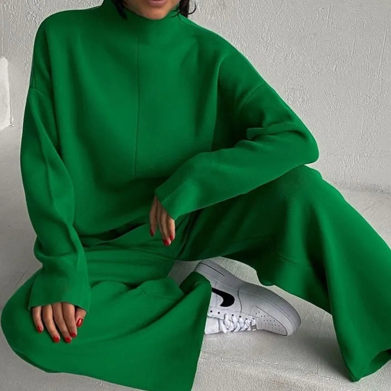 Knitted 2 piece turtleneck sweater wide leg pants sleepwear set women loungewear indoors cozy outfit