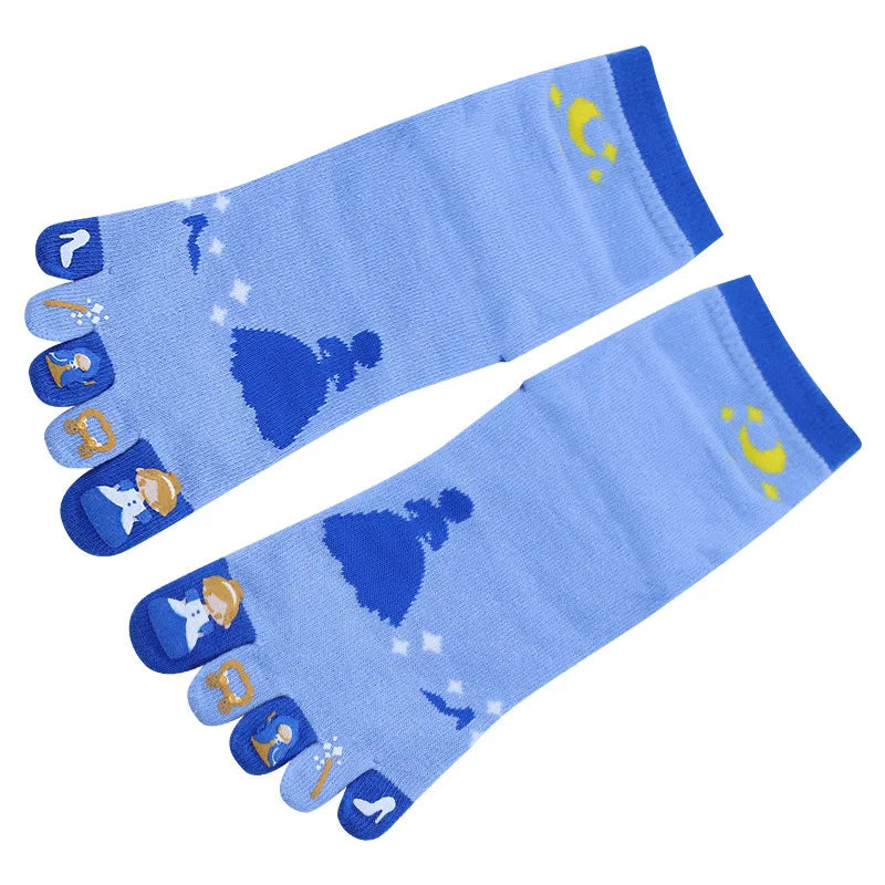 Full toe yoga cozy bliss from korean cotton, funny funky trendy cartoon design, silicone non-slip grip, pilates crew five toes socks