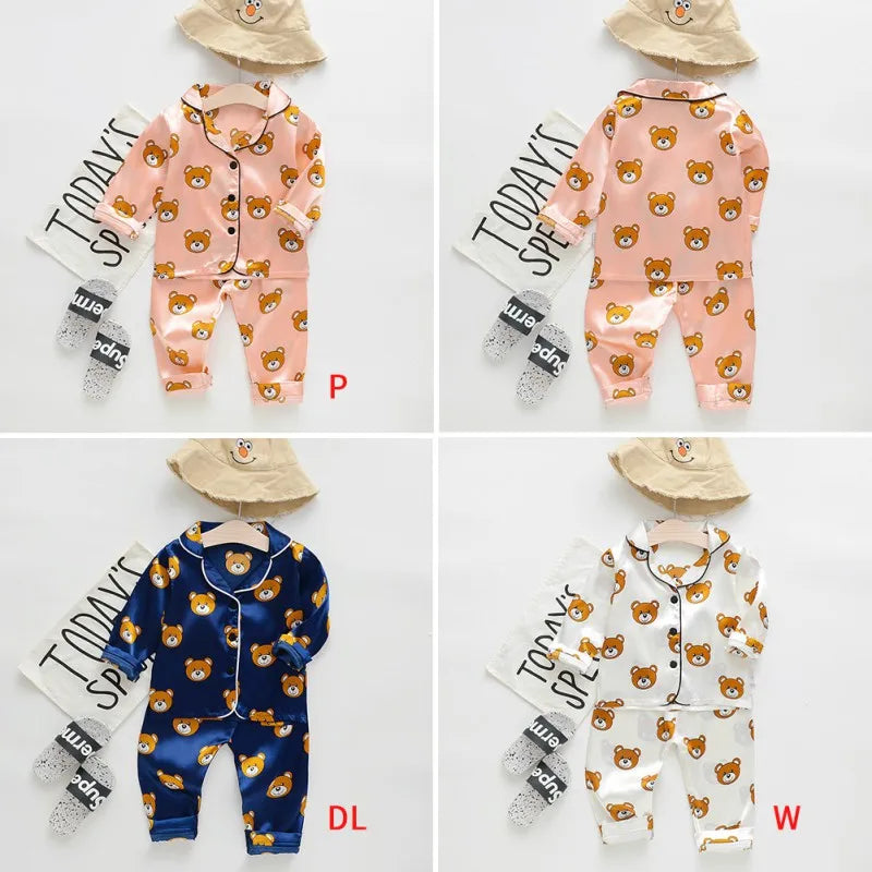 Toddler baby kids silk satin pajamas pyjamas set sleepwear suit boys girls sleep two piece set autumn kids loungewear
