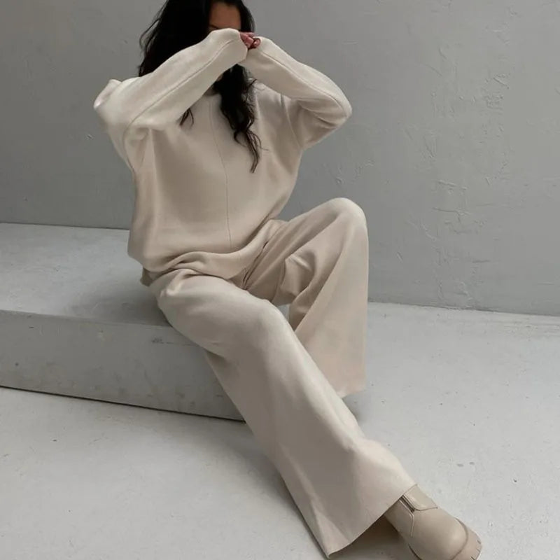 Knitted 2 piece turtleneck sweater wide leg pants sleepwear set women loungewear indoors cozy outfit