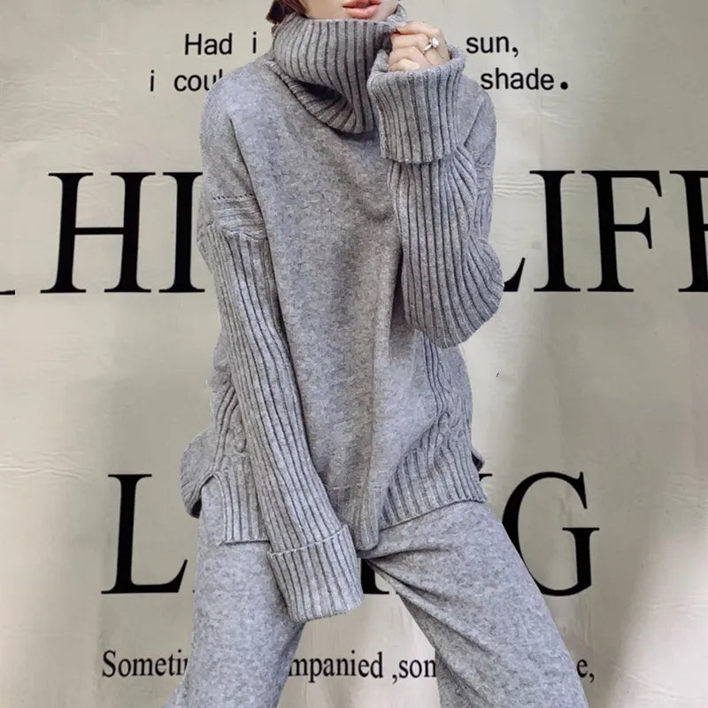 New knitted tracksuit - turtleneck sweater and wide leg jogging pant pullover set for autumn winter
