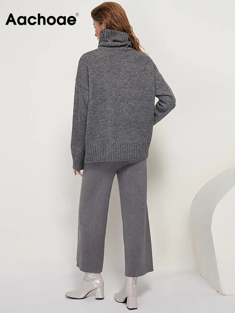 Sophisticated solid knitted two-piece set with turtleneck batwing sweater and casual wide leg pants loungewear set