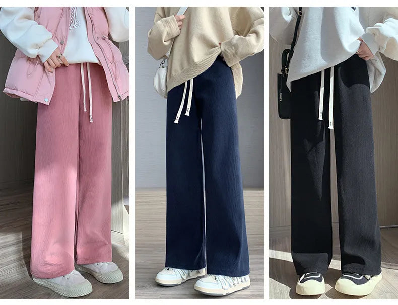 Women's Long Fleece-Lined Pants for autumn and winter. Featuring a flattering high waist and wide-leg silhouette, these pants offer both warmth and timeless elegance