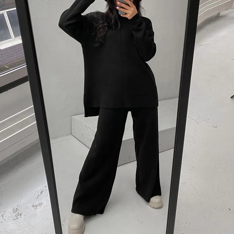 Knitted 2 piece turtleneck sweater wide leg pants sleepwear set women loungewear indoors cozy outfit
