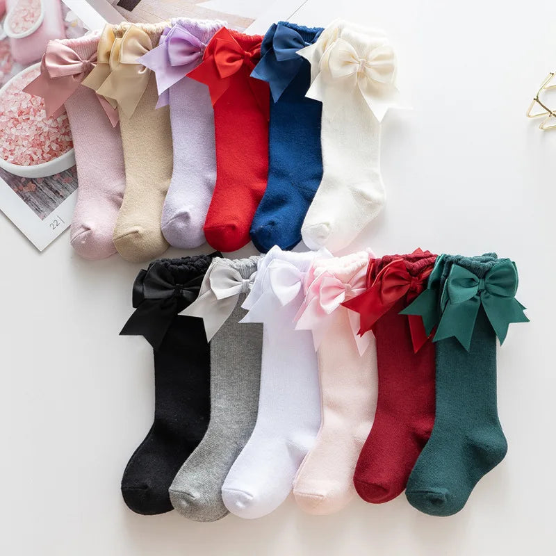 Warm & cute winter autumn kids knee high socks with big bow for 0-5 years