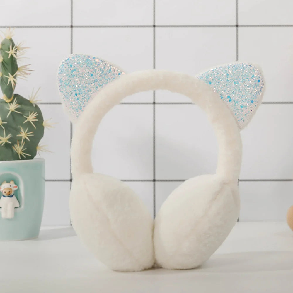 Whimsical winter vibes in 6 adorable colors in cute cat ear plush earmuffs for kids with shiny sequin headband