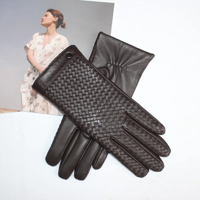 New women's sheepskin gloves with touch screen ability woven warmth and high-end knitted lining for luxe driving style
