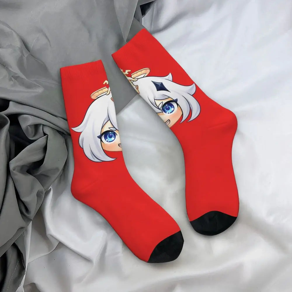 Chibi paimon Genshin anime impact unisex happy Socks from cotton blend for A Year-Round Delight for Fans