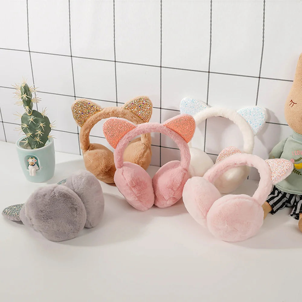 Whimsical winter vibes in 6 adorable colors in cute cat ear plush earmuffs for kids with shiny sequin headband