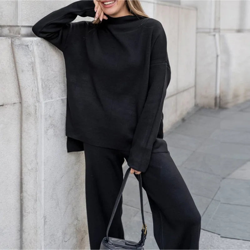 Knitted 2 piece turtleneck sweater wide leg pants sleepwear set women loungewear indoors cozy outfit
