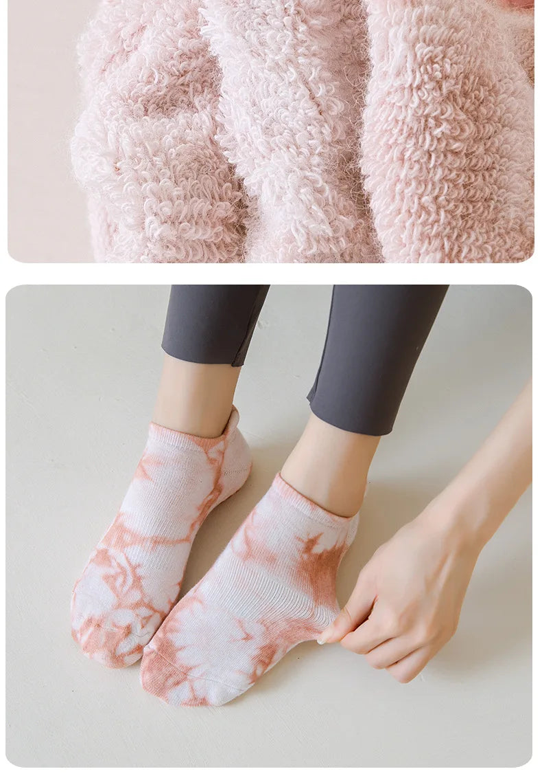 Women's trendy cotton tie-dyed yoga socks with silicone non-slip grip for stylish pilates yoga appearances low-ankle comfort